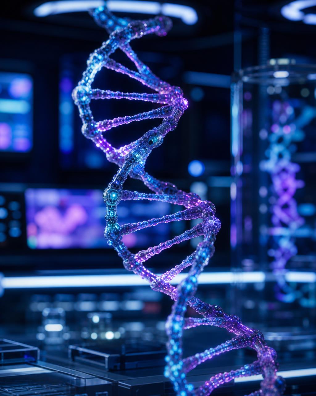 Glowing digital DNA helix in a high-tech pharmaceutical laboratory with cyan and violet AI visualization